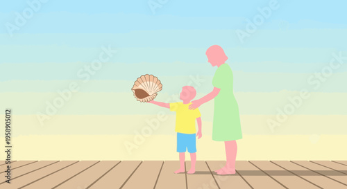 Cherished Seaside Discovery Mother and Child Admiring Seashell on Boardwalk