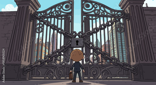 Chained Gates Block Young Man's Path To City Skyline Success