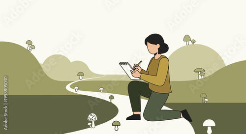 Character Observing Nature And Sketching Mushrooms In A Stylized Landscape