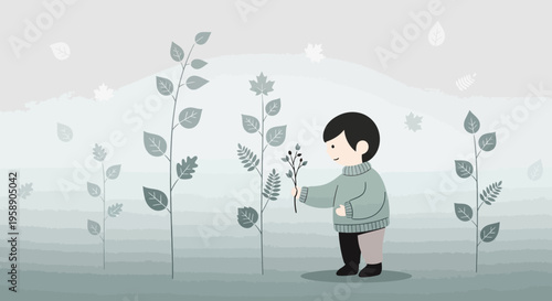 Child Admiring Nature's Delicate Foliage Collection