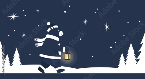 Charming Bear Carries Lantern Through Snowy Winter Night Sky