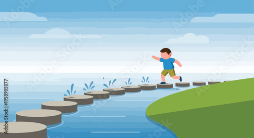 Child Ascending Stepping Stones Across Water Towards Green Hillside