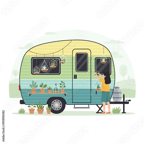 Charming Camper adorned with Lush Greenery and a Woman Tending Plants
