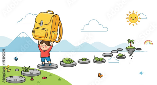 Child Ascending Path With Backpack Towards Bright Future