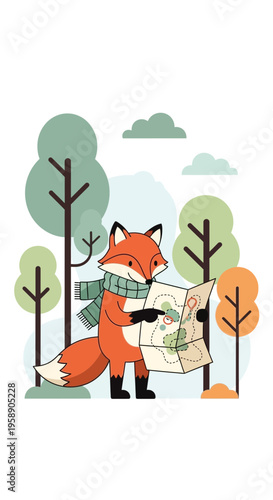 Charming Fox Consults A Forest Map With A Determined Expression