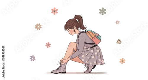 Charming Girl Tying Shoelaces Surrounded By Delicate Floral Decorations