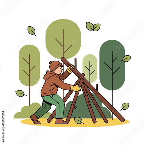 Child Building A Shelter In The Woods Constructing A Lean-to Outdoors Adventure