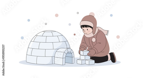 Child Building an Igloo Winter Fun