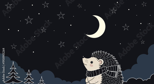 Charming Hedgehog Gazing At The Moonlit Night Sky Under Starlight