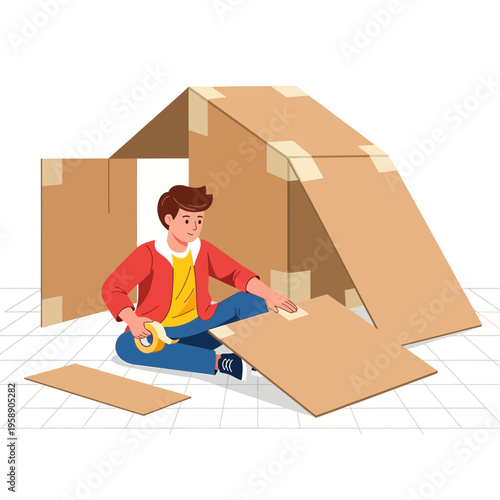 Child Building Cardboard Fort Imaginative Childhood Playtime Adventure