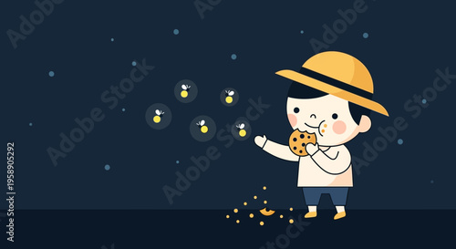 Child Enjoying A Cookie Amidst Fireflies On A Dark Night