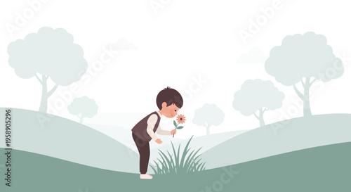 Child Enjoys Nature Smelling A Delicate Flower