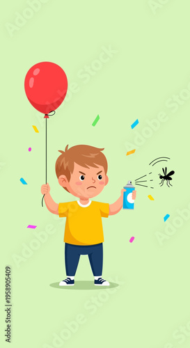 Child Fighting Mosquitos With A Red Balloon And Spray Can Fun Illustration