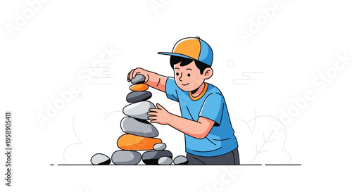 Child Carefully Balancing Stones Creating A Tower Of Rocks