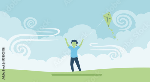 Child Flying Kite Outdoors Against Breezy Sky With Clouds