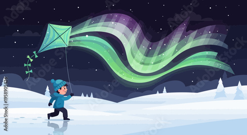 Child Flying Kite Under Northern Lights In Snowy Landscape
