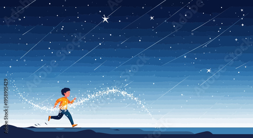Child Chasing Shooting Stars Across A Magical Night Sky