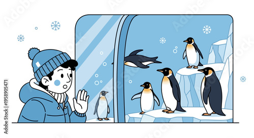 Child Gazes With Wonder At Penguin Exhibit In Zoo Enclosure