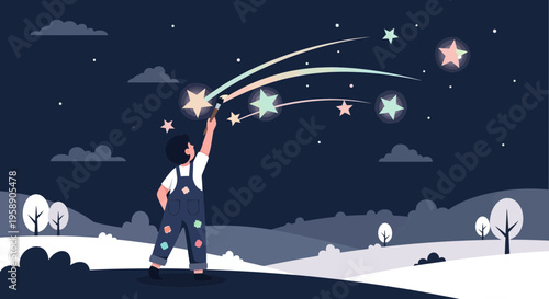 Child Paints Shooting Stars Across A Starry Night Sky