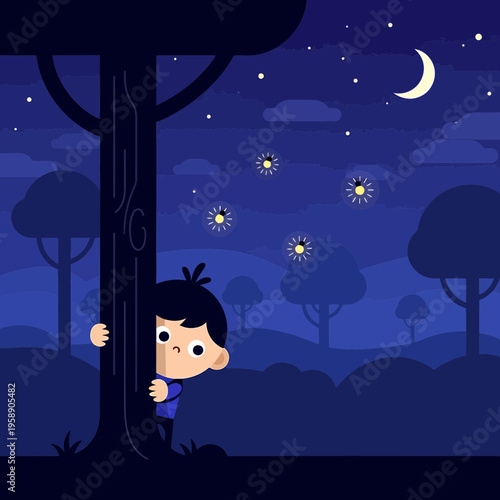 Child Peeking From Behind Tree Enchanted Night Sky With Fireflies And Crescent Moon