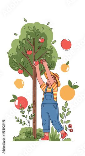 Child Picking Ripe Apples From A Lush Orchard Tree