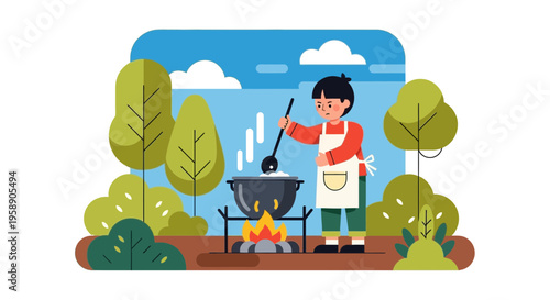 Child Cooking Outdoors Over Open Fire With Forest Background Illustration