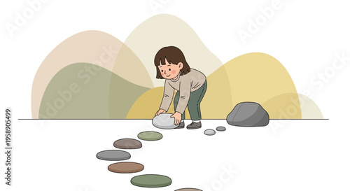 Child Placing Stepping Stones Creates A Peaceful Pathway Forward