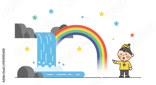 Child Points With Wonder At Cascading Waterfall Rainbow Arch And Stars
