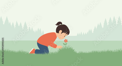 Child Discovering Nature And Smelling A Single Wildflower In A Grassy Meadow With Trees