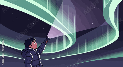 Child Gazing Up At Majestic Aurora Borealis With Flashlight