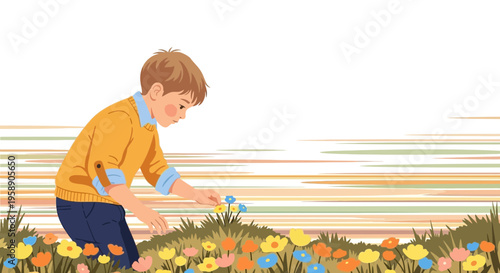 Child Gently Touching Wildflowers In A Meadow Outdoor Scene