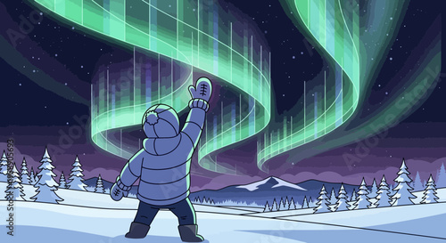 Child Reaching For Arctic Lights In Snowy Landscape