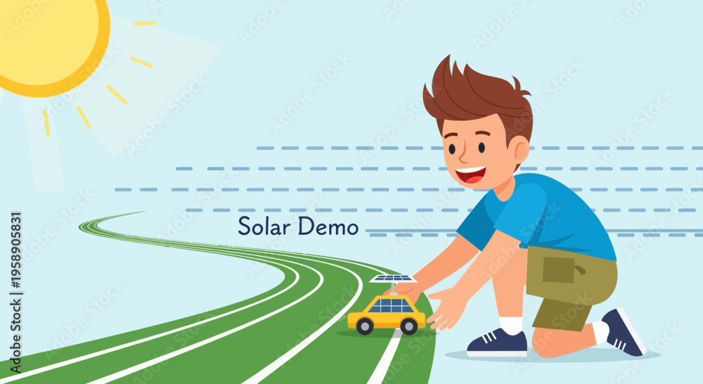 Fototapeta premium Child Interacting With Solar Powered Toy Car On A Track
