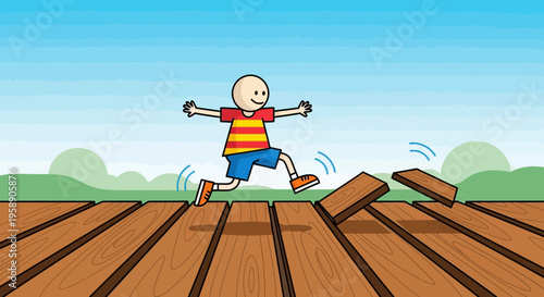 Child Jumps Across Loose Wooden Planks Outdoor Fun