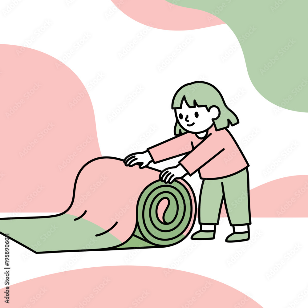 Naklejka premium Child Unrolling Pastel Yoga Mat For Peaceful Practice