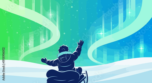 Child Marveling At Awe Inspiring Aurora Borealis Display From A Sled