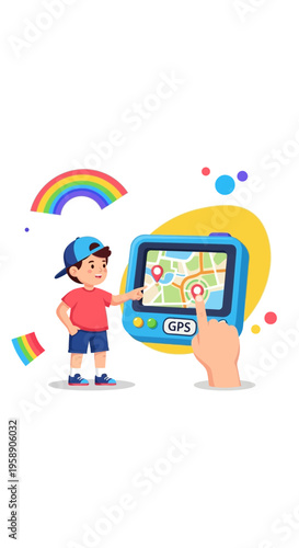 Child Navigates Digital Map On Gps Device Adventure