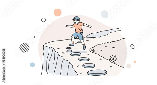 Child Navigating Stepping Stones on Cliff Edge Towards New Horizons
