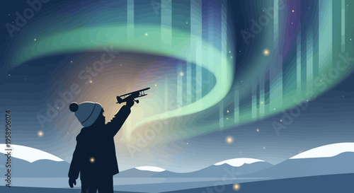 Child With Airplane Toy Gazing At Aurora Borealis Sky
