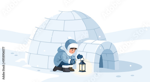 Child With Lantern Beside Igloo In Winter Wonderland Scene