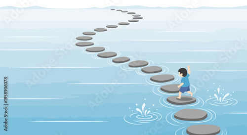 Child Navigating Stepping Stones Across Water Towards Distant Horizon
