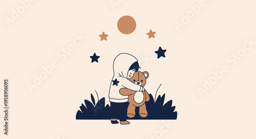 Childhood Comfort And Innocence Embracing A Beloved Teddy Bear Under The Night Sky