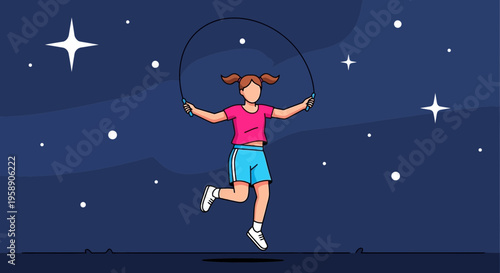 Childhood Joyful Jumps Under Starry Night Sky With Jump Rope