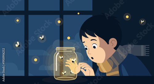 Childhood Wonder Capturing Fireflies In A Jar At Night