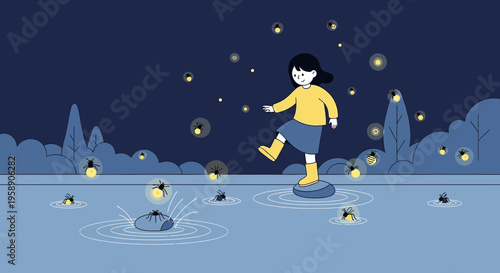 Childhood Wonder Encountering Bioluminescent Insects In A Dreamlike Night Landscape