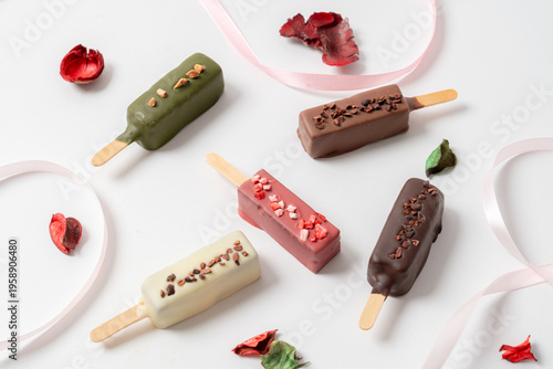 リボンと花びらで飾られたギフト向けスティックチョコ