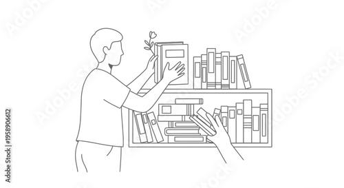 Person organizing books on a bookshelf illustration vector design element for home library and study