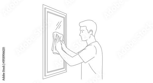 Man Cleaning Glass Window Frame Household Chore Illustration Vector Line Art
