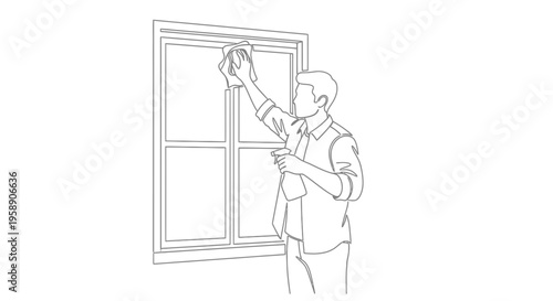 Man Cleaning Window Frame with Spray Bottle and Cloth Line Art Illustration Vector