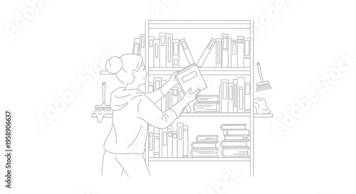Woman Organizing and Cleaning Bookshelf Line Art Vector Illustration Design